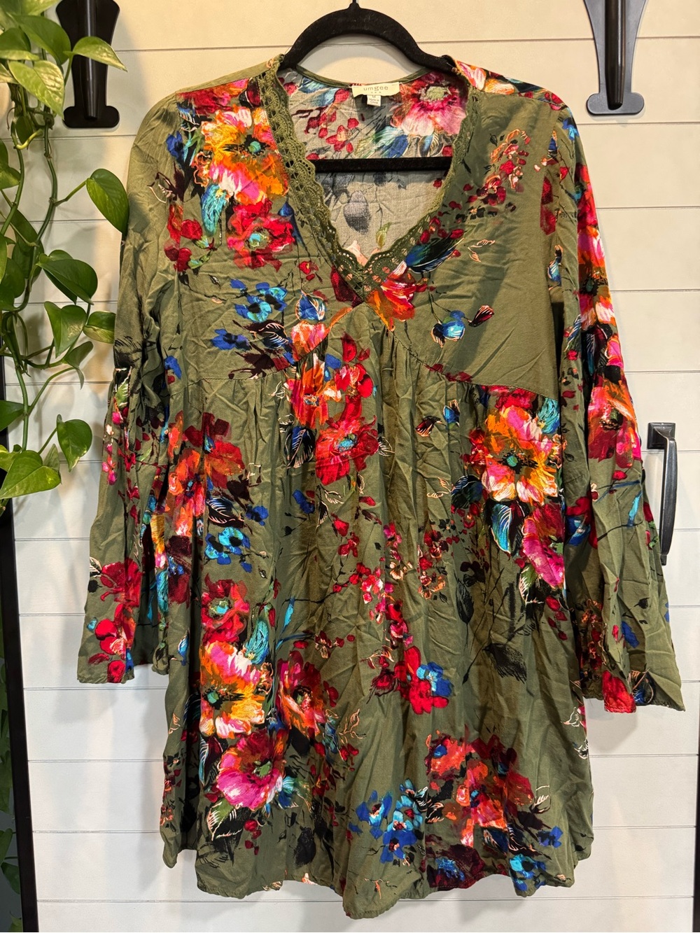 Umgee Olive Floral Long Sleeve V-Neck Dress